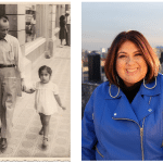 Archival family photograph (left) and Virginia Grise headshot (right)