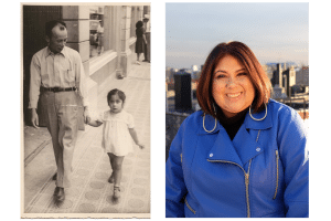 Archival family photograph (left) and Virginia Grise headshot (right)