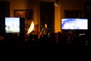 Photo from performance lecture Cabin Boy Blue by Nick Vaughan and Jake Margolin