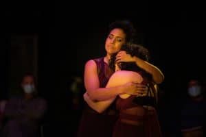 Bianca Medina and Tatiana Zamir performing in Womb, a project of Body as a Crossroads, commissioned by DiverseWorks and presented at MATCH, Houston (April 21 - 22, 2022). Photo: Bobby Gordon